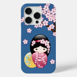 青い背景の可愛い日本の芸者こけし人形 - 春 iPhone 15 PROケース