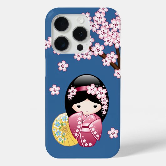 青い背景の可愛い日本の芸者こけし人形 - 春 Case-Mate iPhoneケース (裏面)