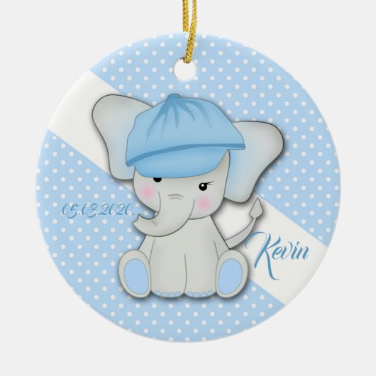 青い背景の可愛い漫画の象 セラミックオーナメント (正面)