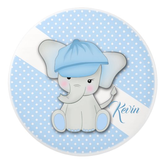 青い背景の可愛い漫画の象 セラミックノブ (正面)