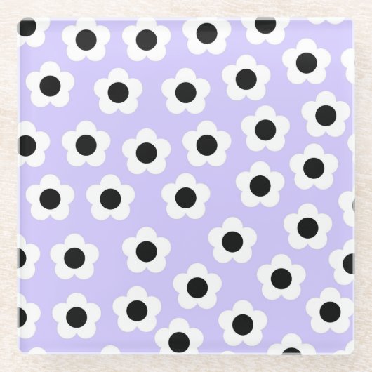 青い背景の可愛い白黒の花 ガラスコースター (正面)