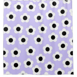 青い背景の可愛い白黒の花 シャワーカーテン