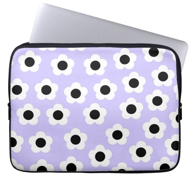 青い背景の可愛い白黒の花 ラップトップスリーブ (正面)