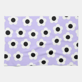 青い背景の可愛い黒と白の花 キッチンタオル