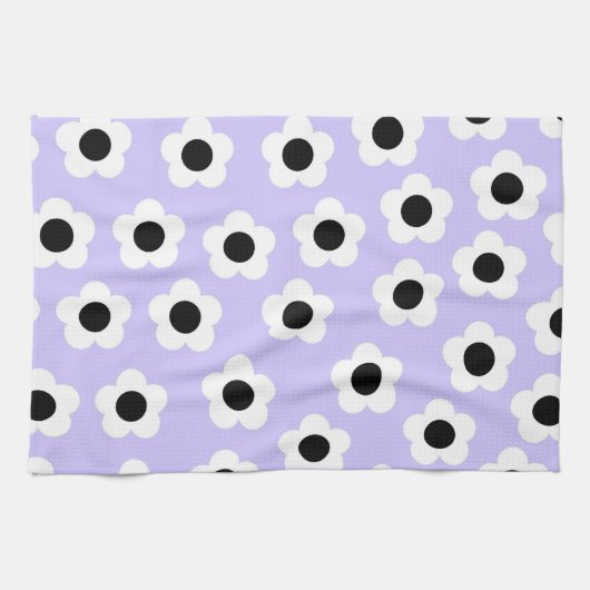 青い背景の可愛い黒と白の花 キッチンタオル (横)