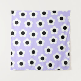 青い背景の可愛い黒と白の花 タペストリー