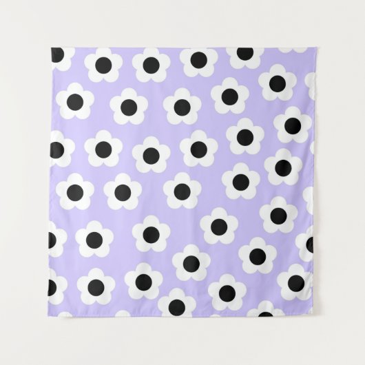 青い背景の可愛い黒と白の花 タペストリー (正面)