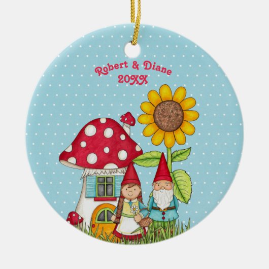 青い背景の庭の格言のカップル セラミックオーナメント (正面)