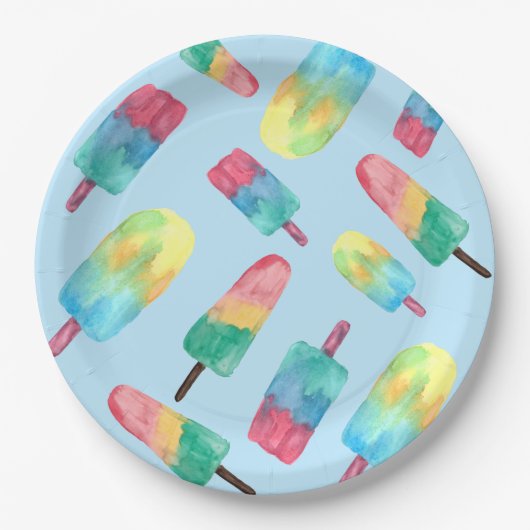 青い背景の水の色のポプリカラフルクル ペーパープレート (正面)