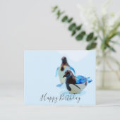 青い背景の水彩ペンギン誕生日 ポストカード (スタンド正面)