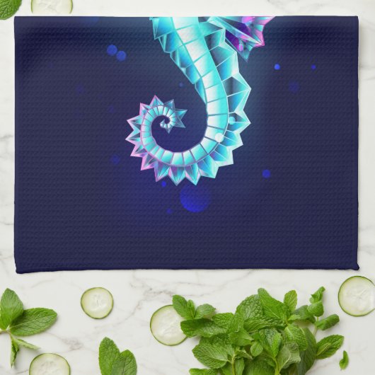 青い背景の水晶アイスシーホース キッチンタオル (折り畳み)