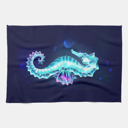 青い背景の水晶アイスシーホース キッチンタオル (横)