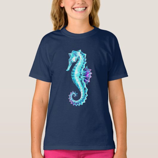 青い背景の水晶アイスシーホース Tシャツ (正面)