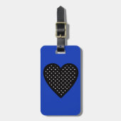 青い背景の水玉模様との黒いハート ラゲッジタグ (正面縦)