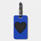 青い背景の水玉模様との黒いハート ラゲッジタグ (裏面縦)