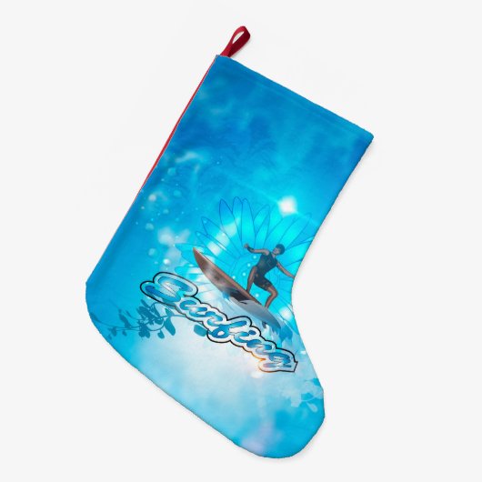 青い背景の波の寄宿生 ラージクリスマスストッキング (正面 (吊り時))