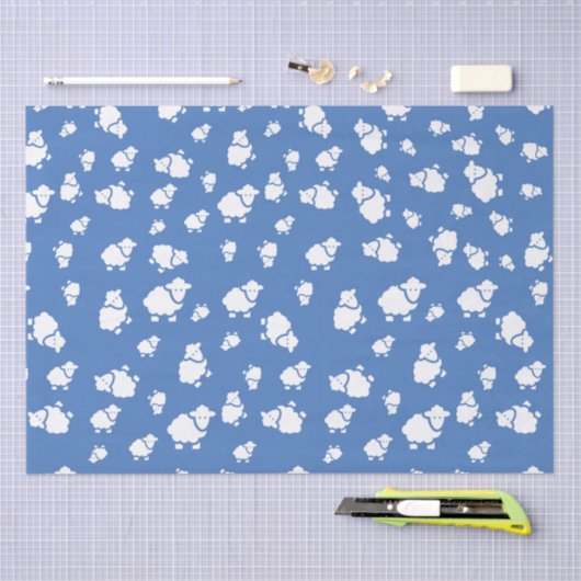 青い背景の漫画の羊 薄葉紙 (クラフト)