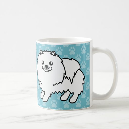 青い背景の白いふわふわのポメラニアン犬 コーヒーマグカップ (右)