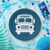 青い背景の白いスクールバス ペーパープレート (パーティー)