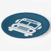 青い背景の白いスクールバス ペーパープレート (アングル)