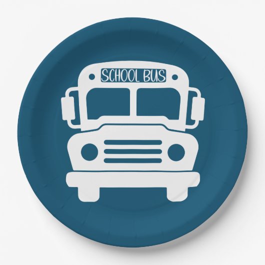 青い背景の白いスクールバス ペーパープレート (正面)
