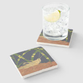 青い背景の緑の草の中のバッタ ストーンコースター (横)