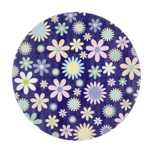 青い背景の花柄 カッティングボード (正面)
