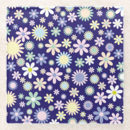 青い背景の花柄 ガラスコースター