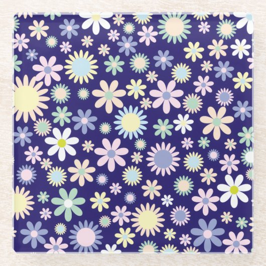 青い背景の花柄 ガラスコースター (正面)