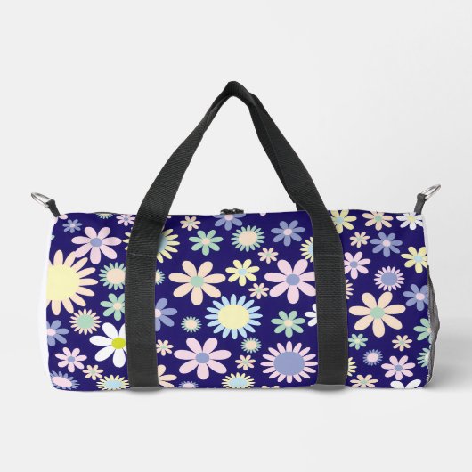 青い背景の花柄 ダッフルバッグ (正面)