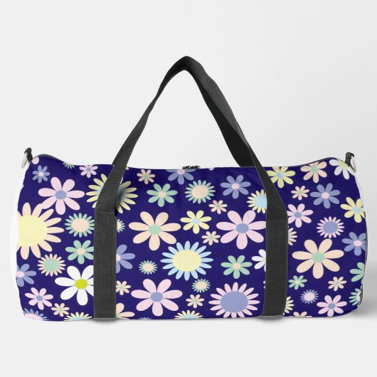 青い背景の花柄 ダッフルバッグ (正面)