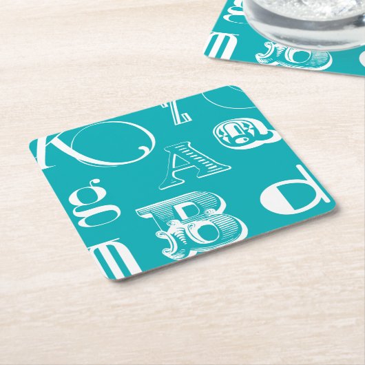 青い背景の装飾文字 スクエアペーパーコースター (アングル)