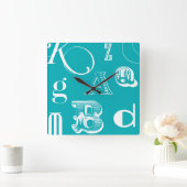 青い背景の装飾文字 スクエア壁時計 (ホーム)