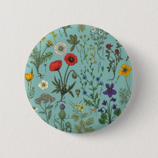 青い背景の野の花コラージュ 缶バッジ (正面)