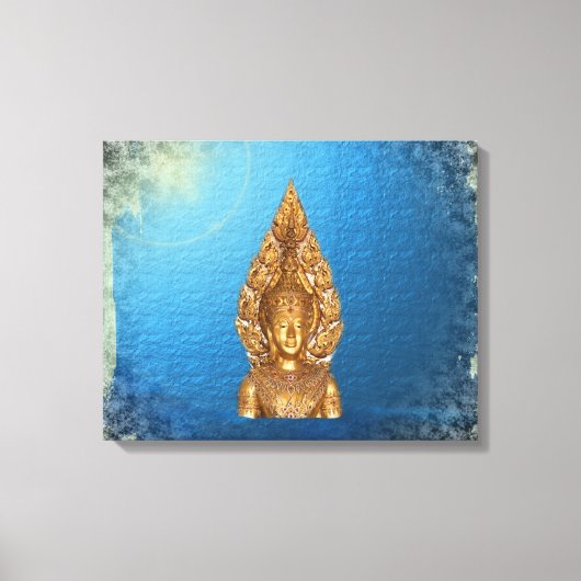 青い背景の金色の仏陀 キャンバスプリント (正面)