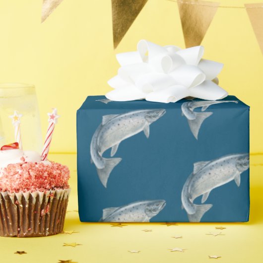 青い背景の魚 ラッピングペーパー (誕生日パーティー)