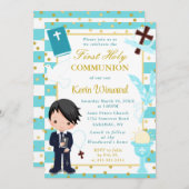 青い背景の黒い髪の少年、初めての聖体拝領、 招待状 (正面/裏面)
