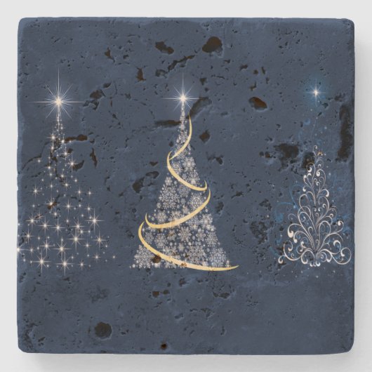 青い背景の3つのモダンアートクリスマスツリー ストーンコースター (正面)