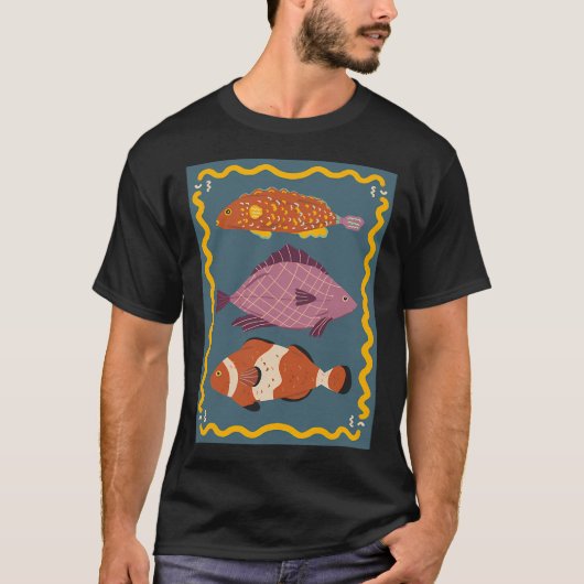 青い背景の3匹のかわいい魚 Tシャツ (正面)