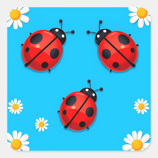 青い背景の3匹のカラフルなてんとう虫 スクエアシール (正面)
