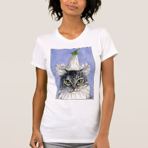 青い背景のTシャツのユリの帽子を持つ猫 Tシャツ