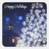 青い背景を持つキラキラ輝くクリスマスツリー スクエアシール (正面)