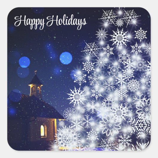 青い背景を持つキラキラ輝くクリスマスツリー スクエアシール (正面)