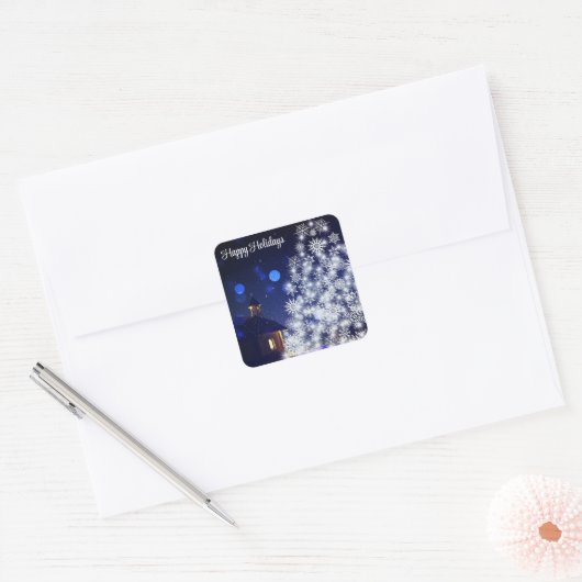 青い背景を持つキラキラ輝くクリスマスツリー スクエアシール (封筒)