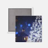 青い背景を持つキラキラ輝くクリスマスツリー マグネット (正面/裏面)