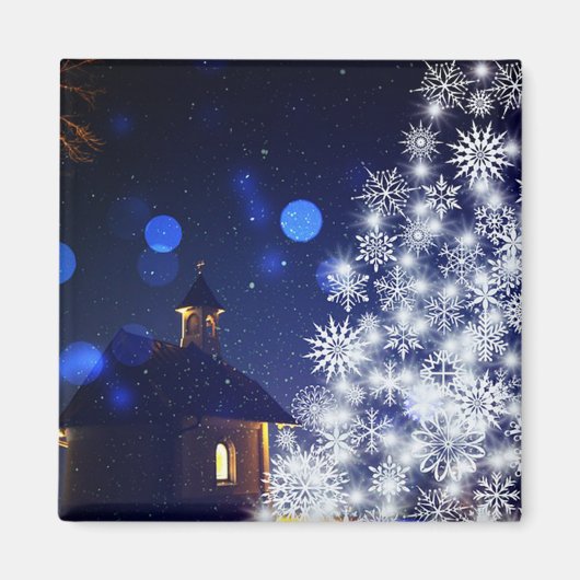青い背景を持つキラキラ輝くクリスマスツリー マグネット (正面)