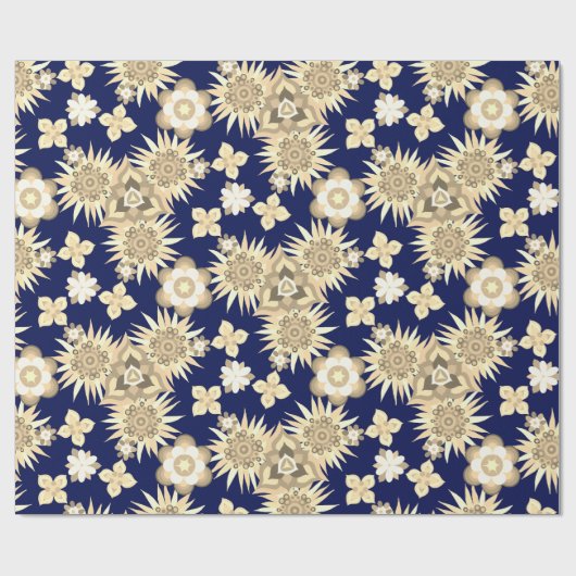 青い背景を持つリバティ模様のクリーム花 ラッピングペーパー (フラット)