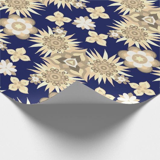 青い背景を持つリバティ模様のクリーム花 ラッピングペーパー (角)