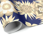 青い背景を持つリバティ模様のクリーム花 ラッピングペーパー (ロールコーナー)