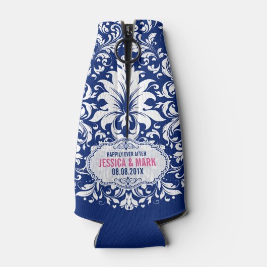 青い背景ピンクのアクセント3b付きホワイトレース ボトルクーラー (裏面)